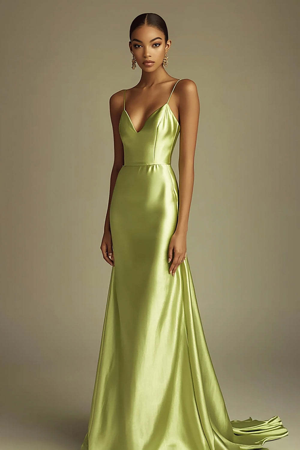 Leely Women Lemon Green Satin Maxi Prom Dress Sheath Spaghetti Straps Formal Dress