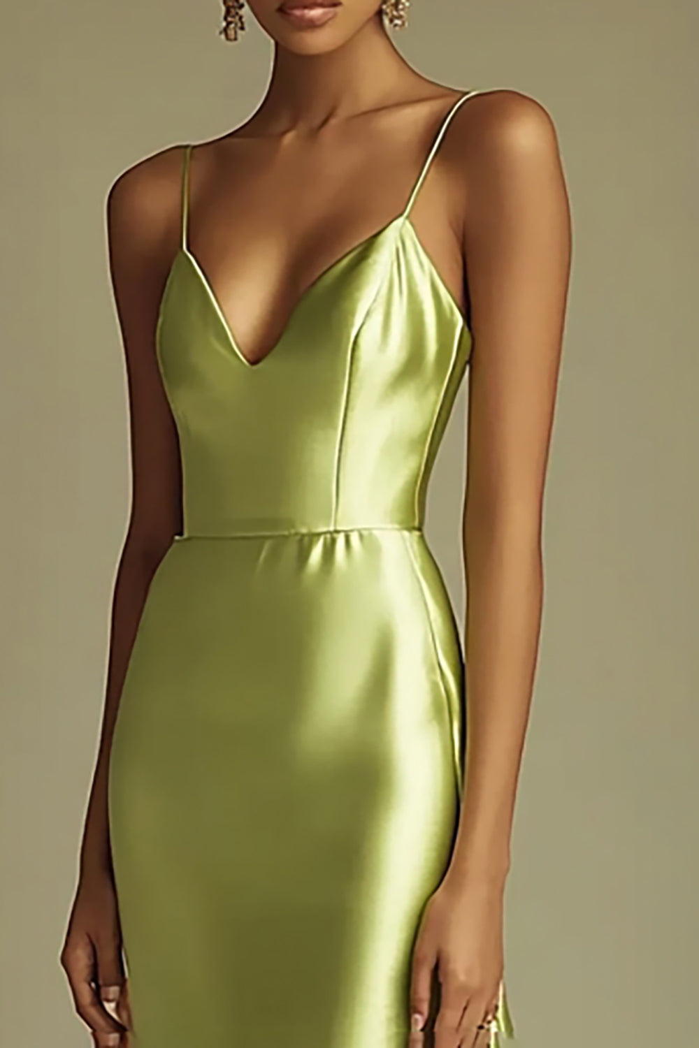 Lemon Green Satin Spaghetti Straps Maxi Prom Dress