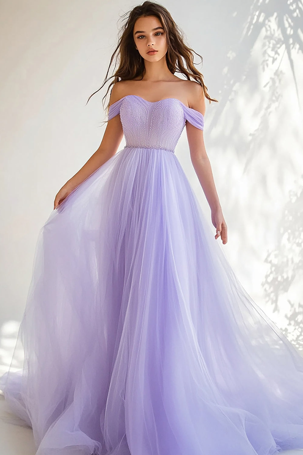 Lilac Tulle Off the Shoulder A Line Maxi Prom Dress