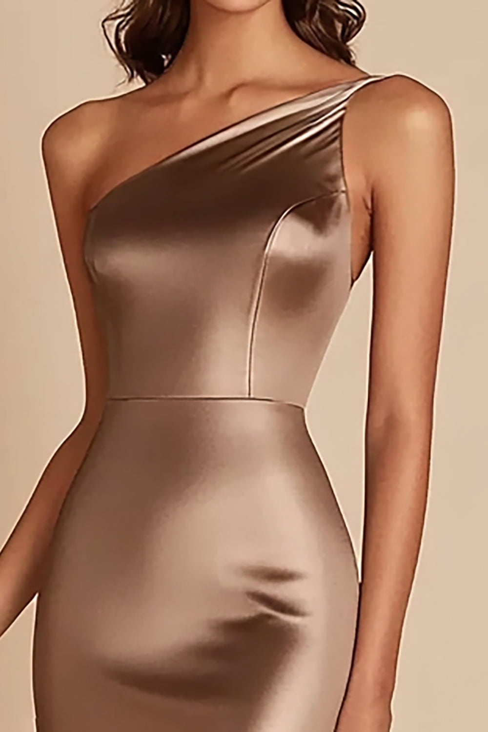 Coffee Satin One Shoulder Mermaid Maxi Prom Dress with Slit