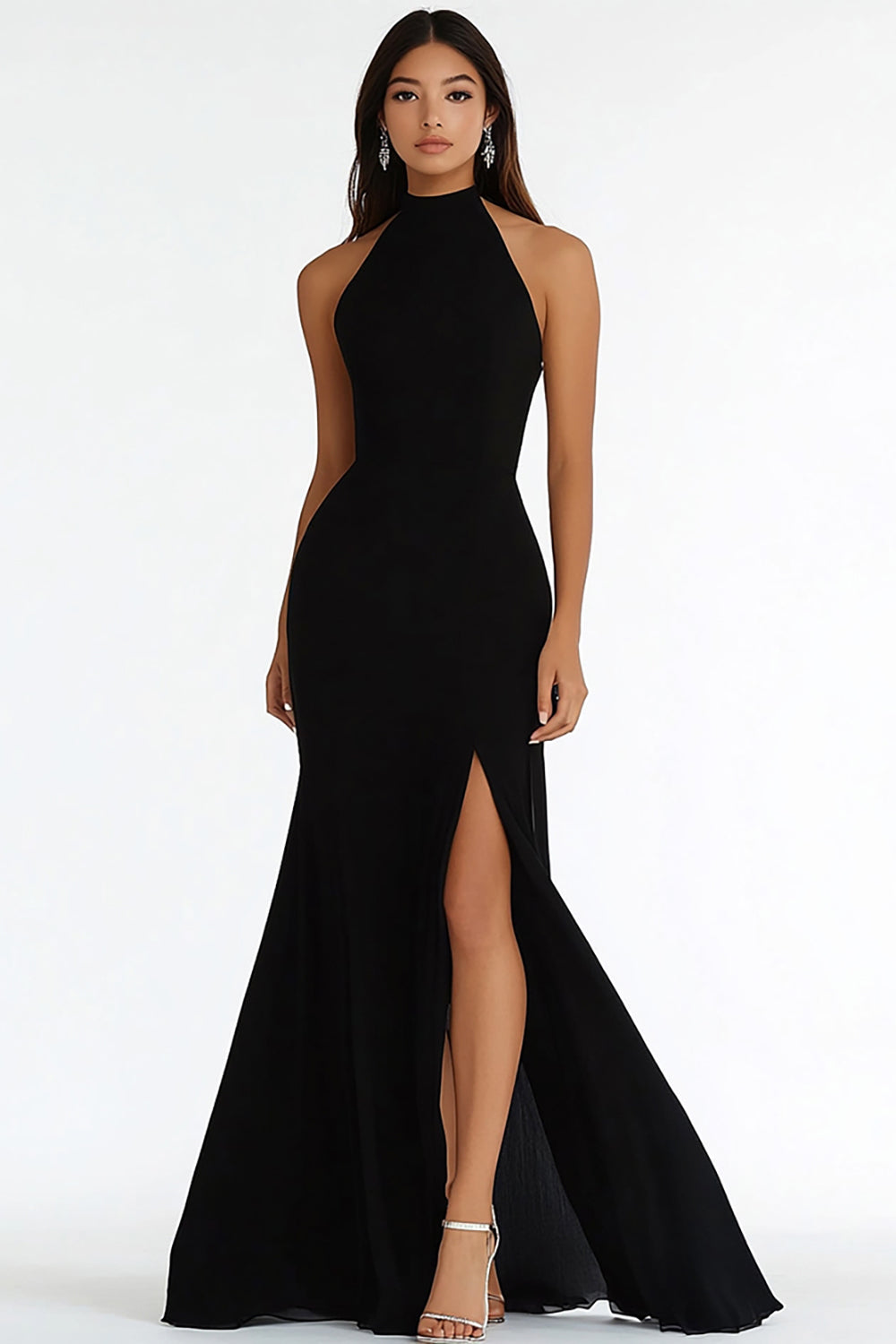 Mermaid Black High Neck Maxi Prom Dress with Slit
