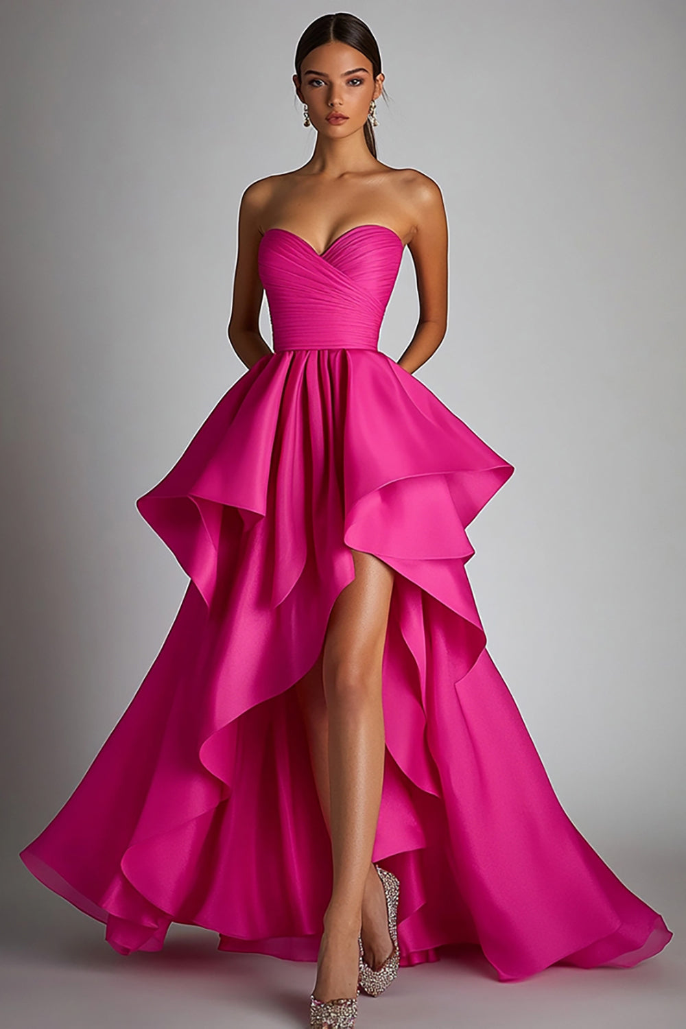 Fuchsia Satin Ruched High-Low Prom Dress with Ruffles