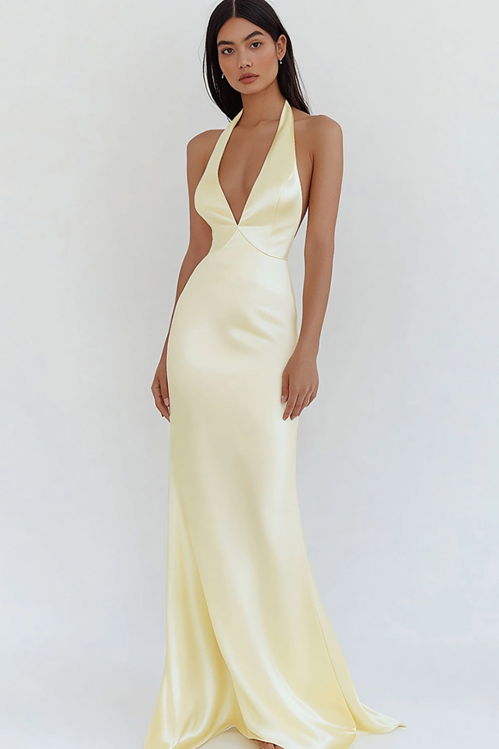 Daffodil Satin Sheath Halter Maxi Prom Dress