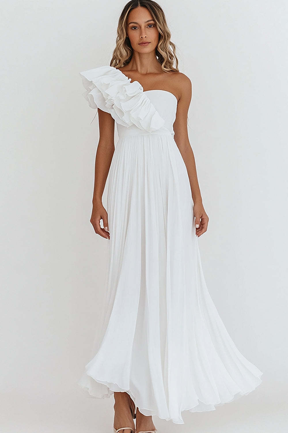 Leely Women White Chiffon Maxi Engagement Dress with Ruffles One Shoulder A Line Pleated Rehearsal Dinner Dress