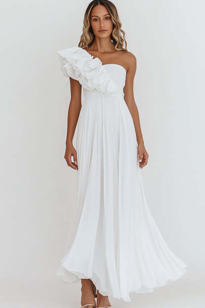 Leely Women White Chiffon Maxi Engagement Dress with Ruffles One Shoulder A Line Pleated Rehearsal Dinner Dress