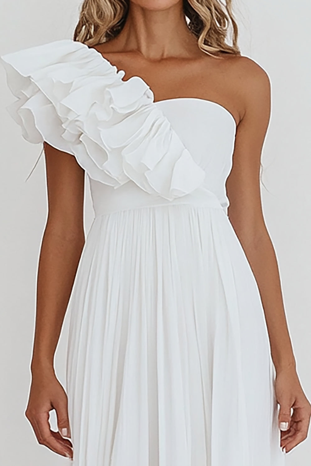 White Chiffon One Shoulder A Line Maxi Engagement Dress with Ruffles
