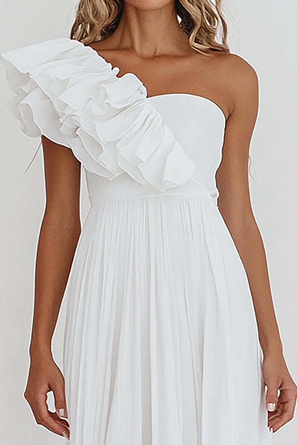 White Chiffon One Shoulder A Line Maxi Engagement Dress with Ruffles