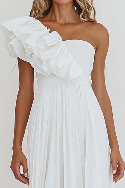 White Chiffon One Shoulder A Line Maxi Engagement Dress with Ruffles