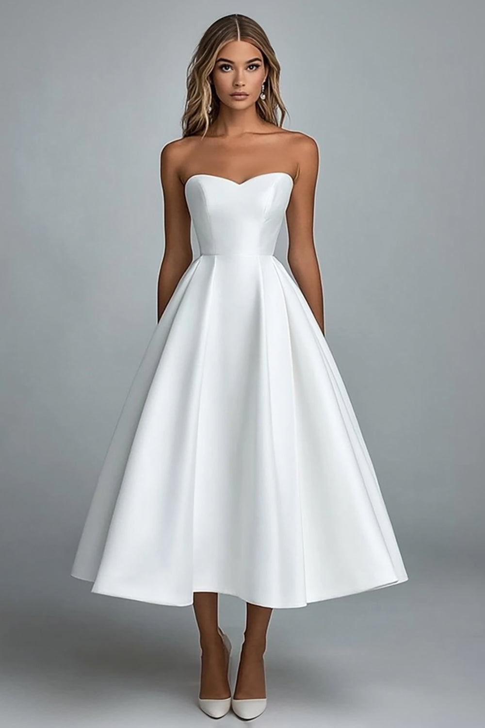 White Satin Sweetheart Tea Length A Line Engagement Dress