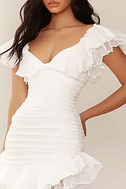 White Short Bodycon V Neck Graduation Dress with Ruffles
