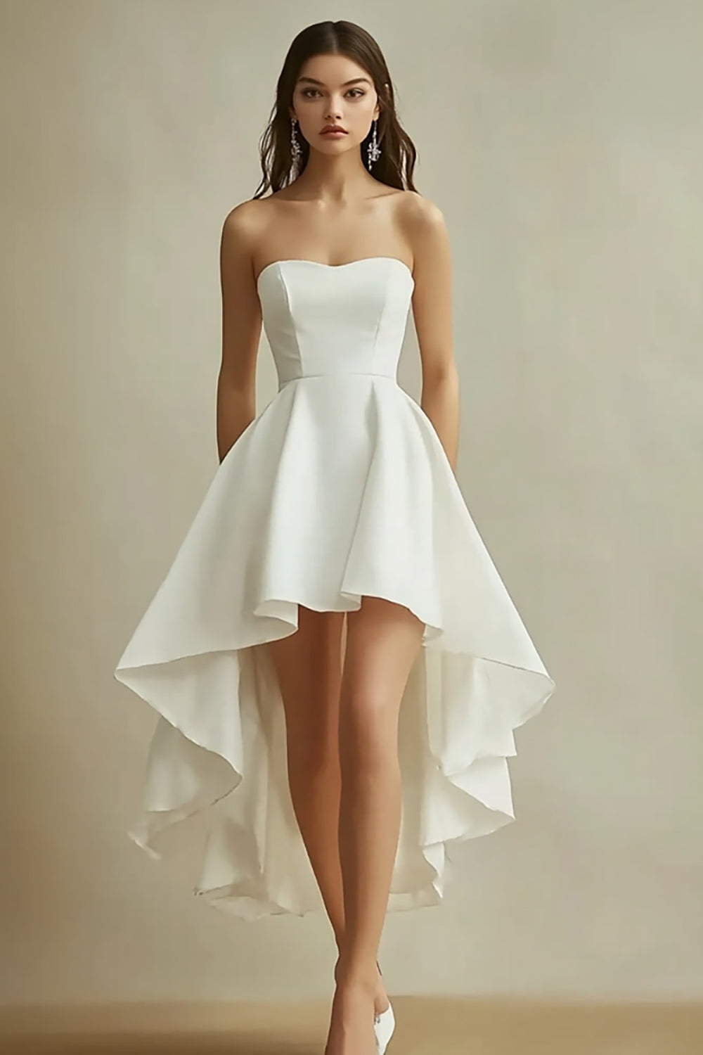 White Satin Strapless High Low A Line Graduation Dress
