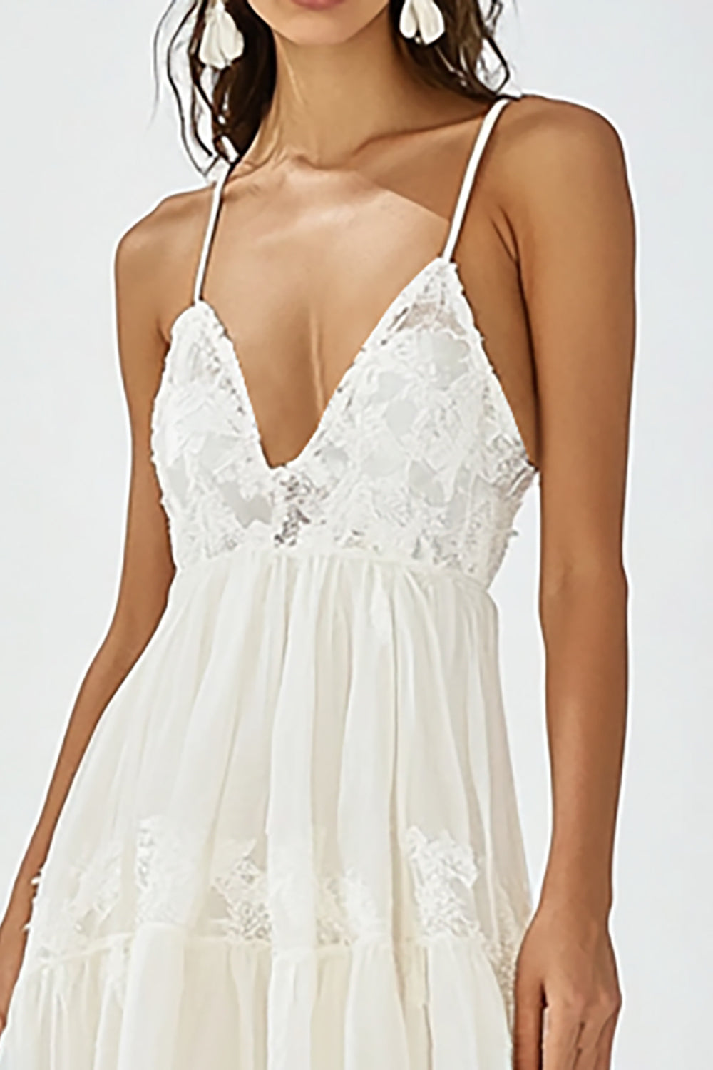 White V Neck A Line Maxi Boho Dress with Lace