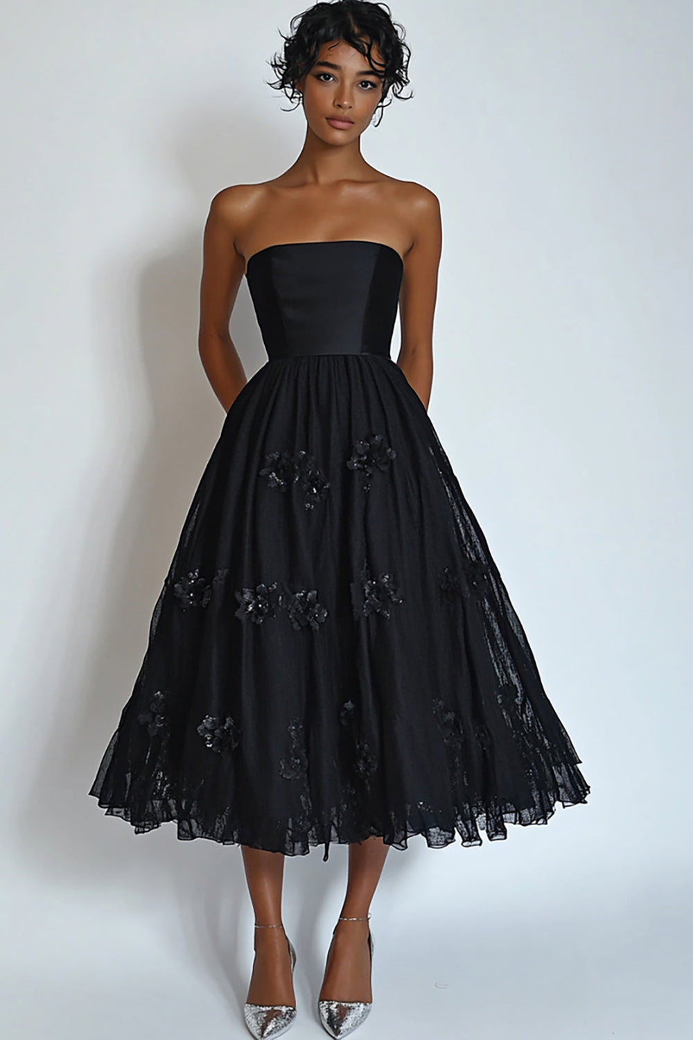Black Appliqued Strapless Midi A Line Formal Dress