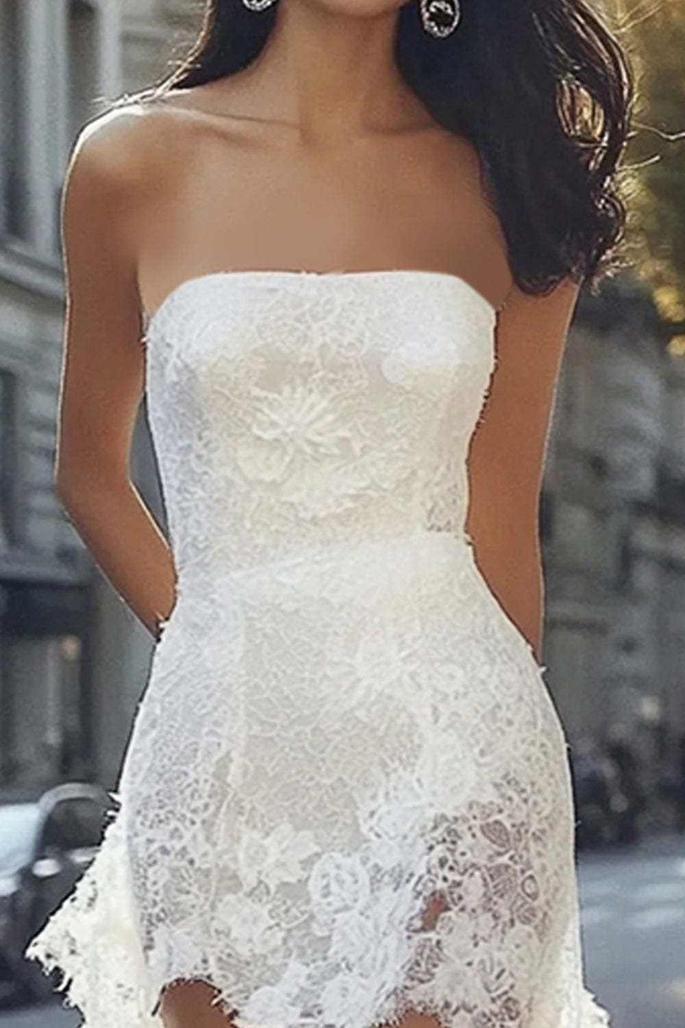 Strapless White Lace High-Low Boho Graduation Dress