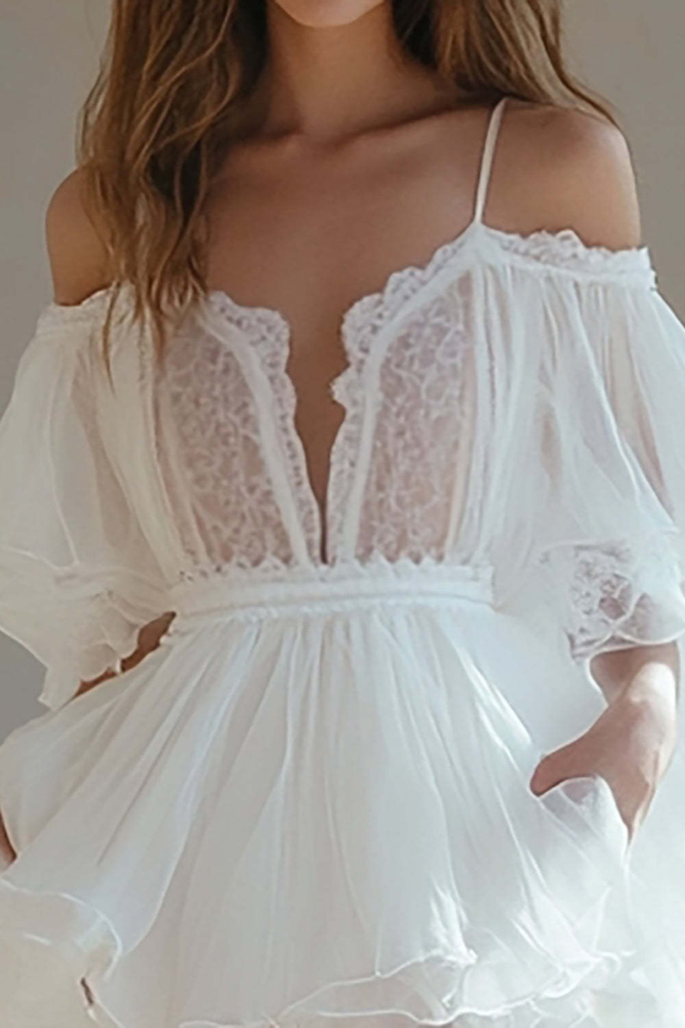 White Cold Shoulder Half Sleeves Mini Graduation Dress with Ruffles