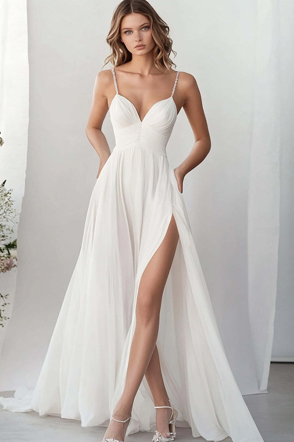 Leely Women White Chiffon Long Engagement Dress with Slit A Line Spaghetti Straps Rehearsal Dinner Dress