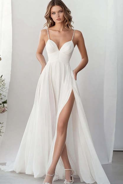 Leely Women White Chiffon Long Engagement Dress with Slit A Line Spaghetti Straps Rehearsal Dinner Dress