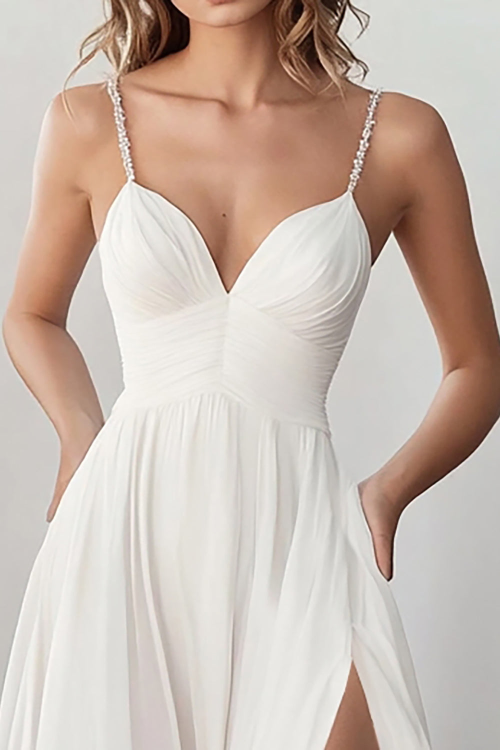 White Spaghetti Straps Chiffon Long Engagement Dress with Slit