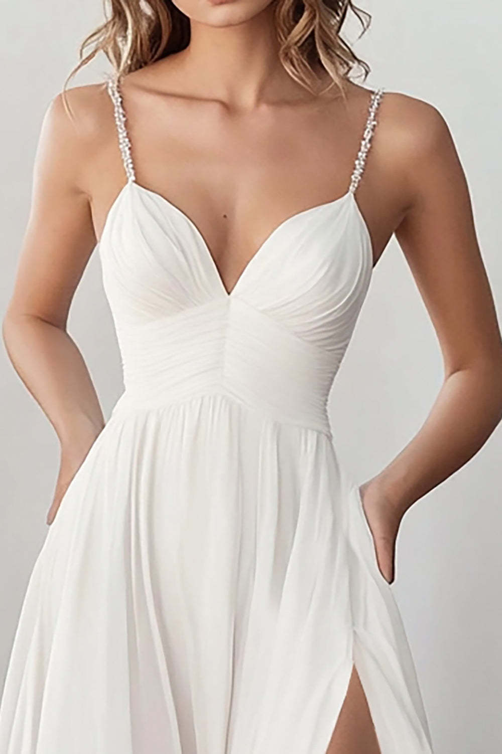 White Spaghetti Straps Chiffon Long Engagement Dress with Slit