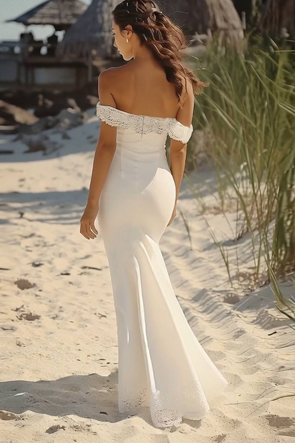 White Satin Long Boho Mermaid Engagement Dress with Ruffles