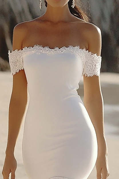 White Satin Mermaid High-Low Engagement Dress with Lace