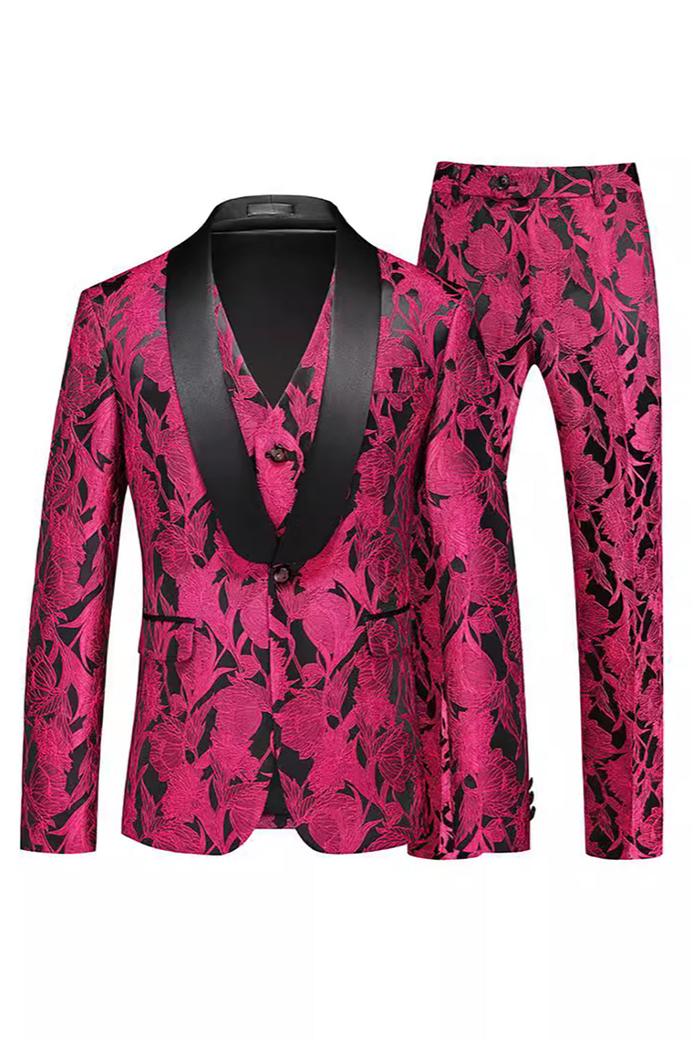 Leely Men's 3 Piece Suits Floral Jacquard Fuchsia Shawl Lapel Men's Prom Suits