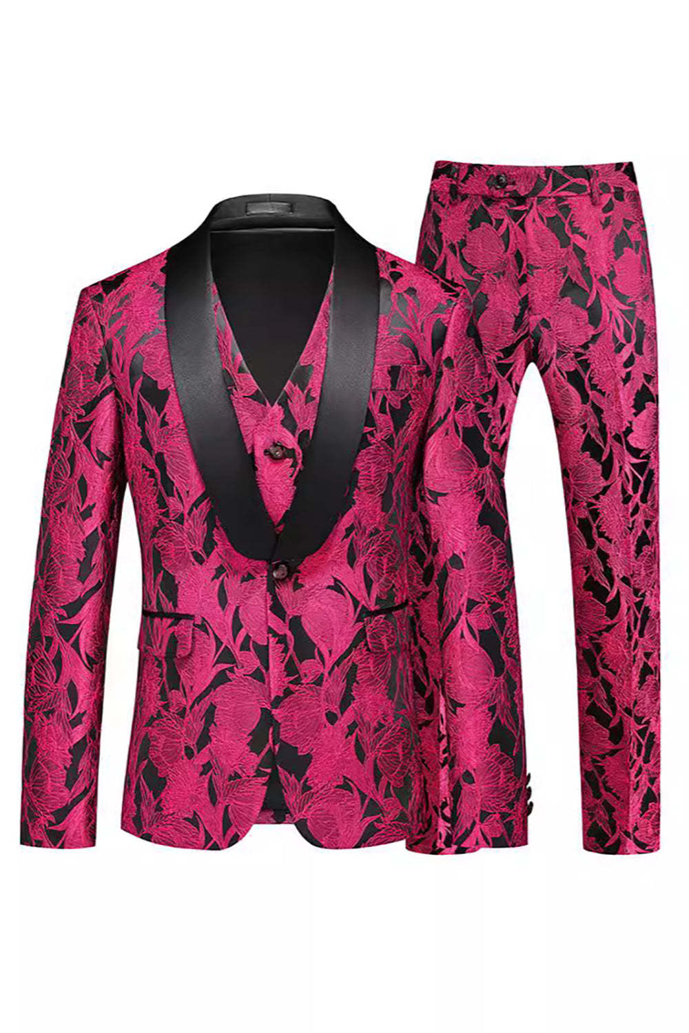 Leely Men's 3 Piece Suits Floral Jacquard Fuchsia Shawl Lapel Men's Prom Suits