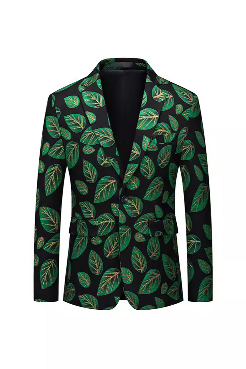 Dark Green Notched Lapel Leaf Printed Men's Blazer