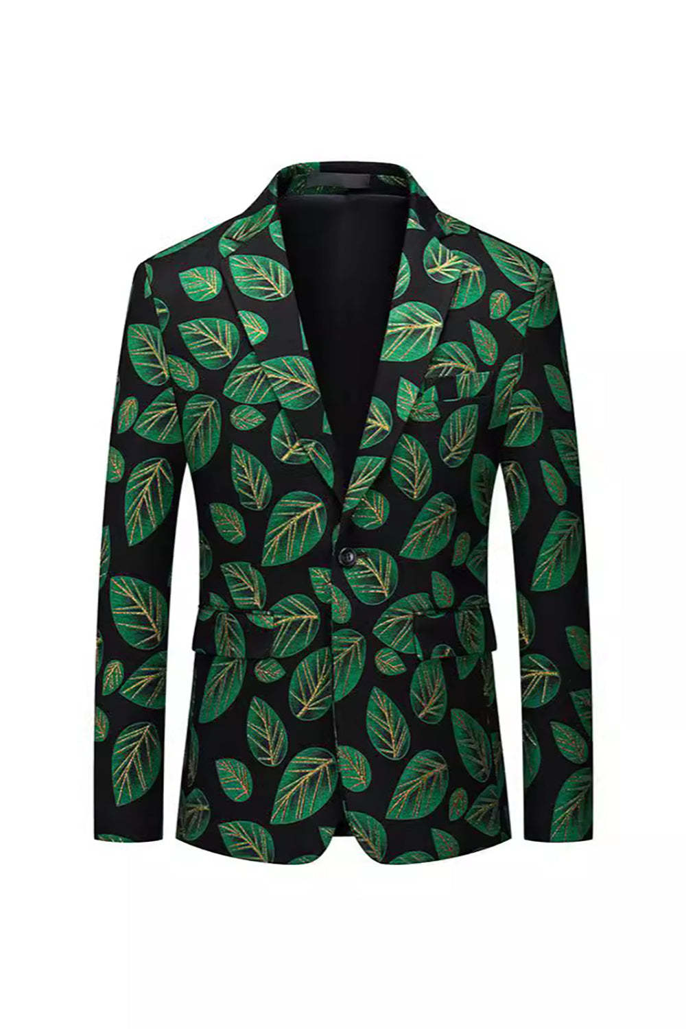Leely Dark Green Leaf Printed Men's Blazer One Button Notched Lapel Jacket