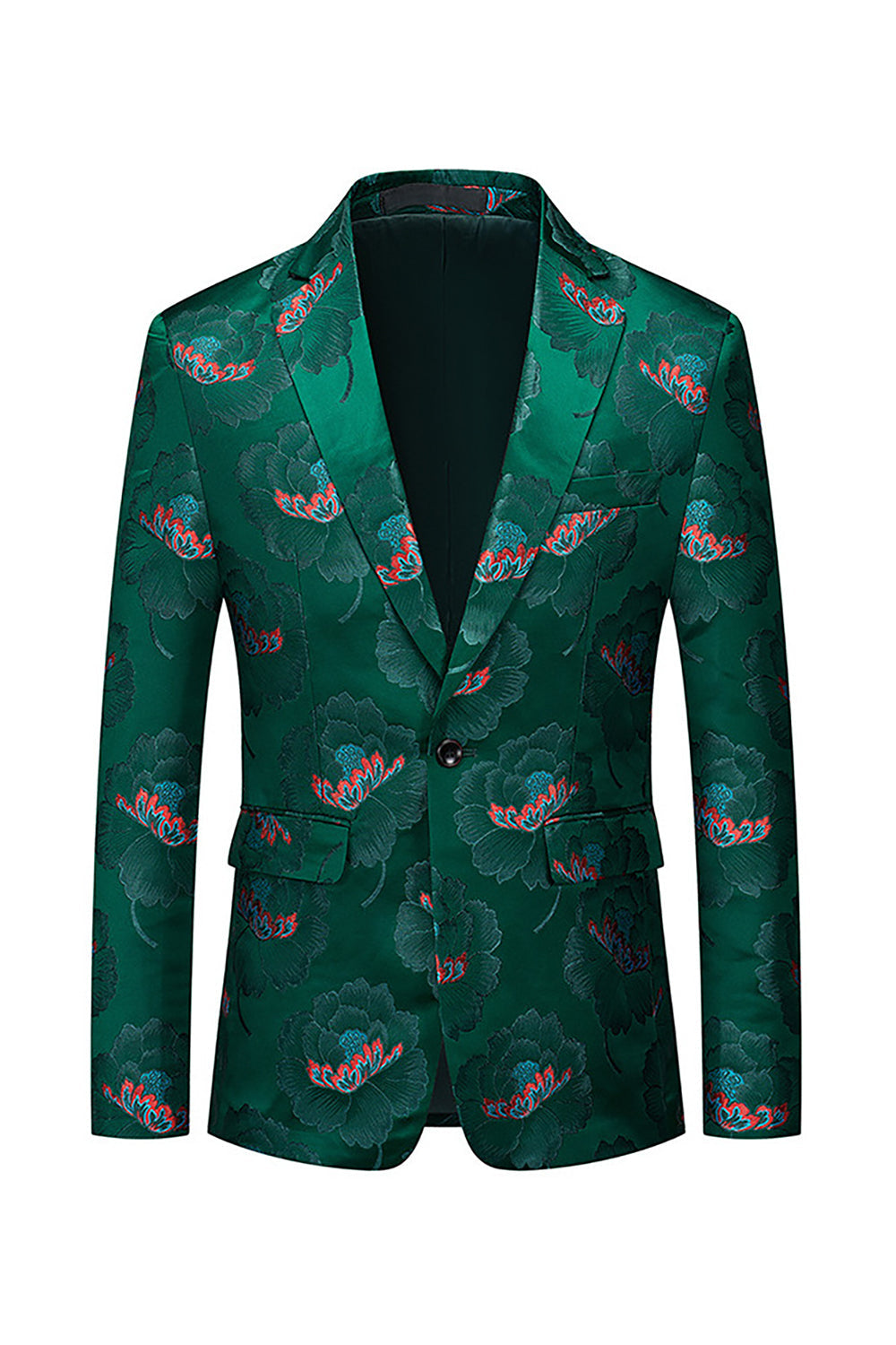 Floral Dark Green Floral Embroidered Notched Lapel One Button Men's Blazer