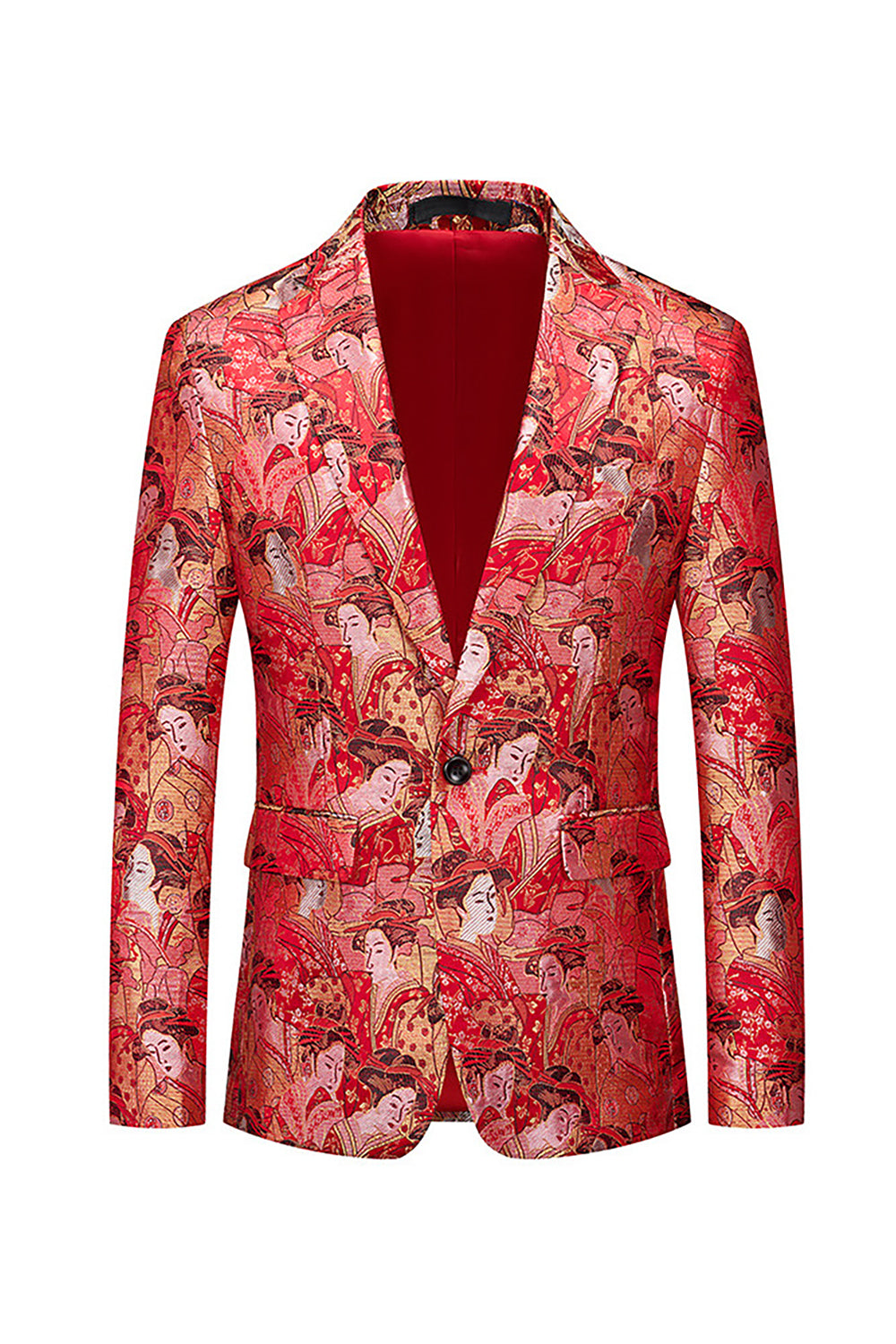 Red Embroidered Notched Lapel One Button Fitted Men's Blazer