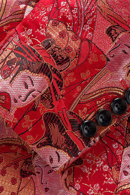 Red Embroidered Notched Lapel One Button Fitted Men's Blazer