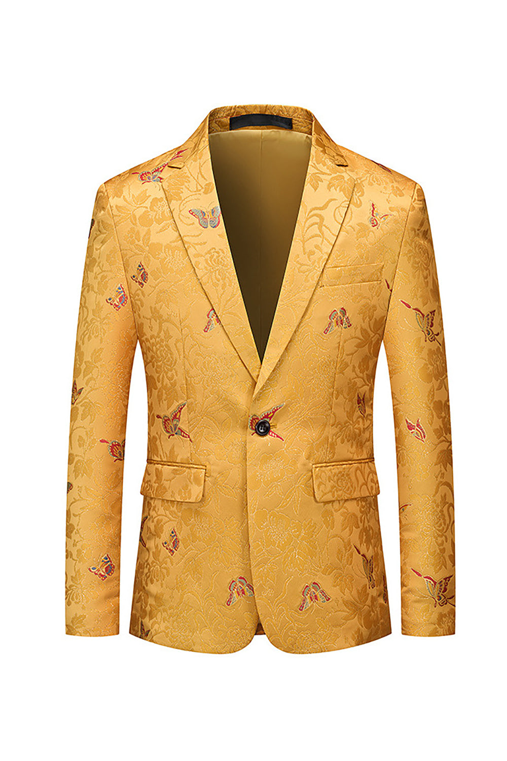 Yellow Floral Embroidered One Button Notched Lapel Men's Blazer