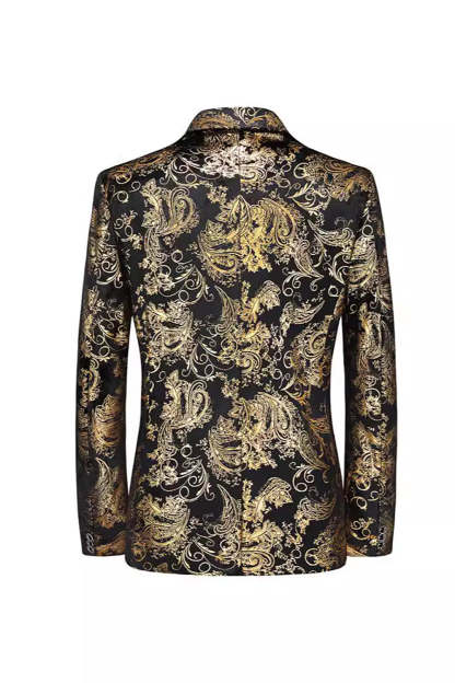 Black Golden Printed Notched Lapel Single Breasted Men's Prom Blazer