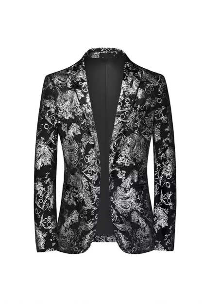 Leely Men's Printed Prom Blazer Black Golden Single Breasted Notched Lapel Party Blazer