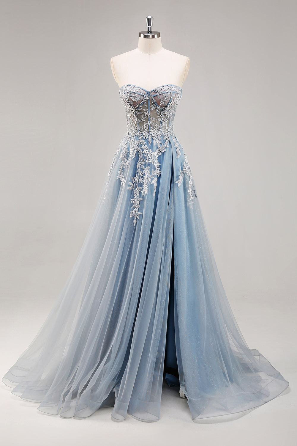 Leely Women Sparkly Dusty Blue Beaded Maxi Prom Dress with Slit Tulle Sweetheart A Line Corset Backless Evening Dress