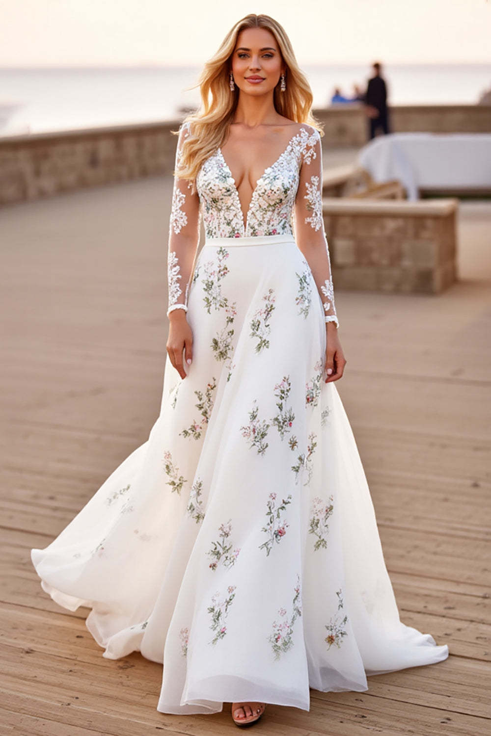 Leely Women White Tulle Long Sleeves Floral Appliqued Wedding Dress A Line Backless Deep V-Neck Sweep Train Bridal Dress