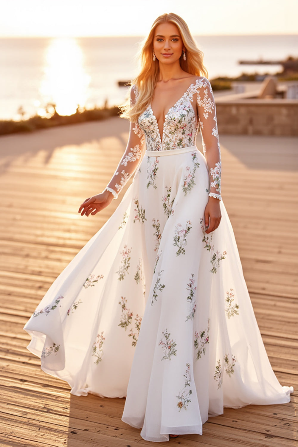 Tulle White A Line V-Neck Floral Appliqued Long Sleeves Wedding Dress