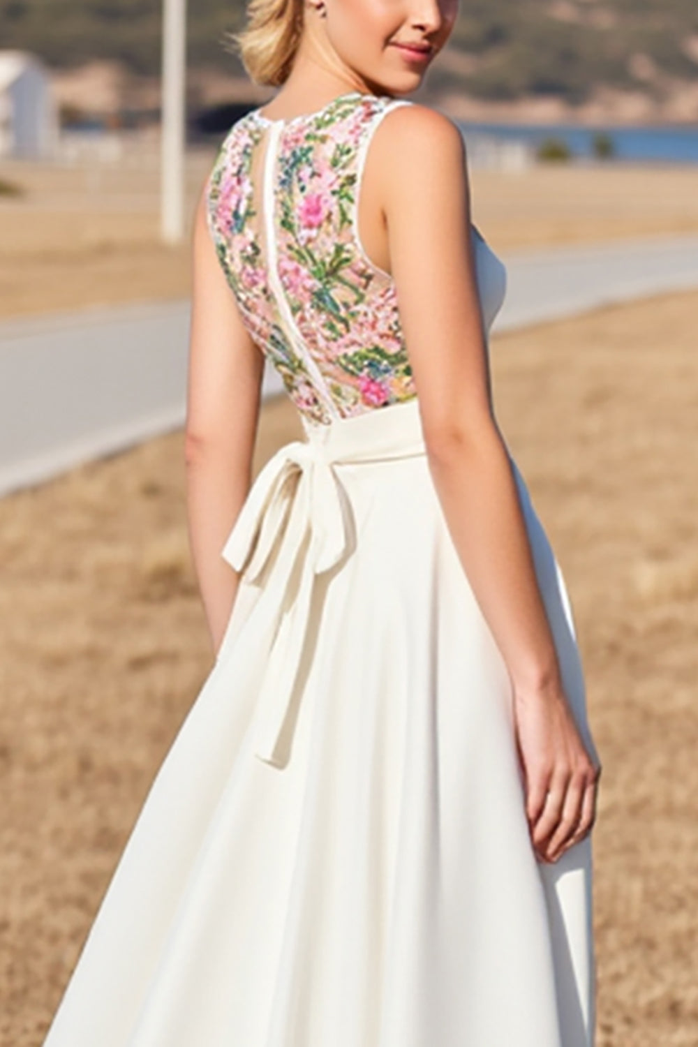 White A Line Satin Boho Sweep Train Wedding Dress with Flower Applique