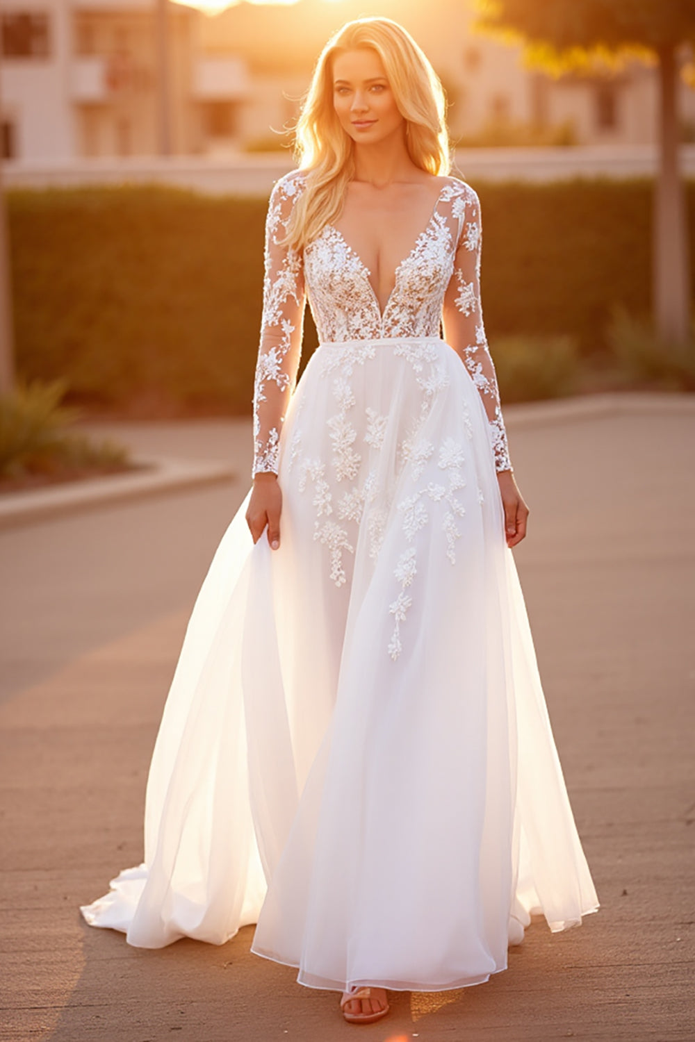 A Line Long Sleeves Tulle White Sweep Train Wedding Dress with Appliques