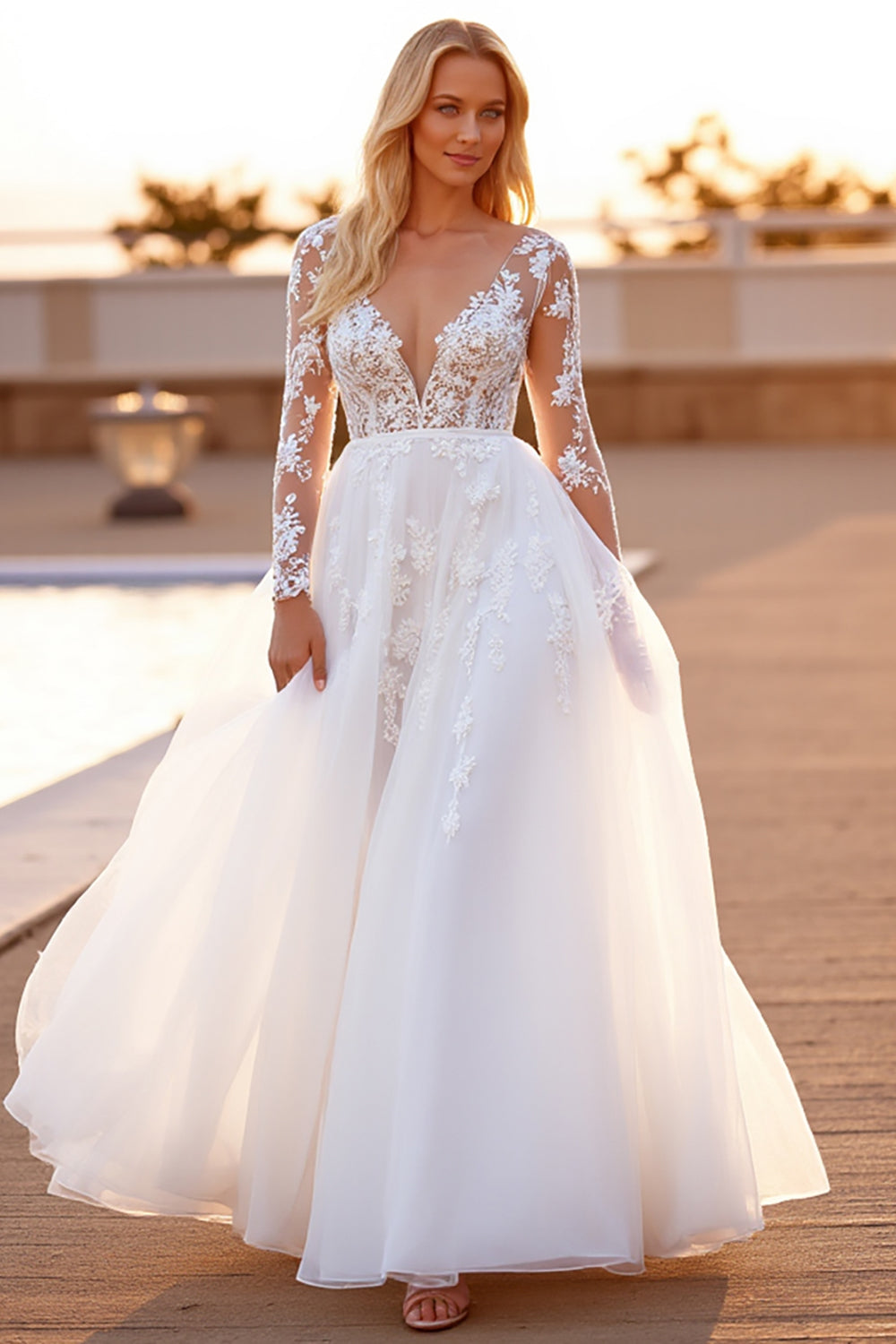 A Line Long Sleeves Tulle White Sweep Train Wedding Dress with Appliques