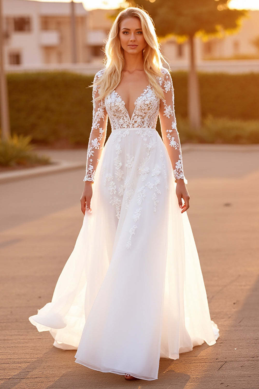 A Line Long Sleeves Tulle White Sweep Train Wedding Dress with Appliques