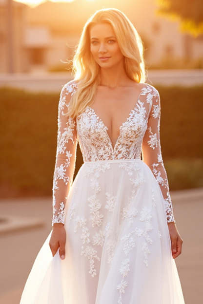 A Line Long Sleeves Tulle White Sweep Train Wedding Dress with Appliques