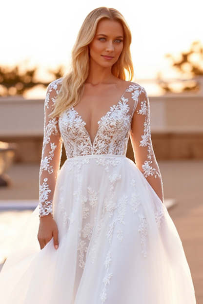 A Line Long Sleeves Tulle White Sweep Train Wedding Dress with Appliques