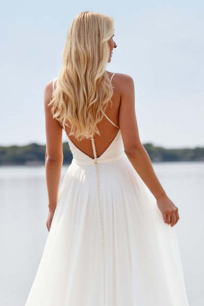 A Line Chiffon Deep V-Neck White Boho Sweep Train Wedding Dress with Lace