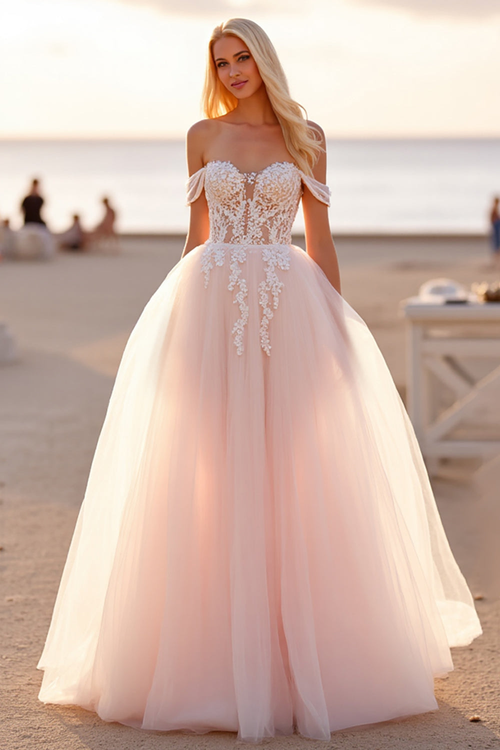 Tulle Off the Shoulder Ball Gown Blush Wedding Dress with Appliques