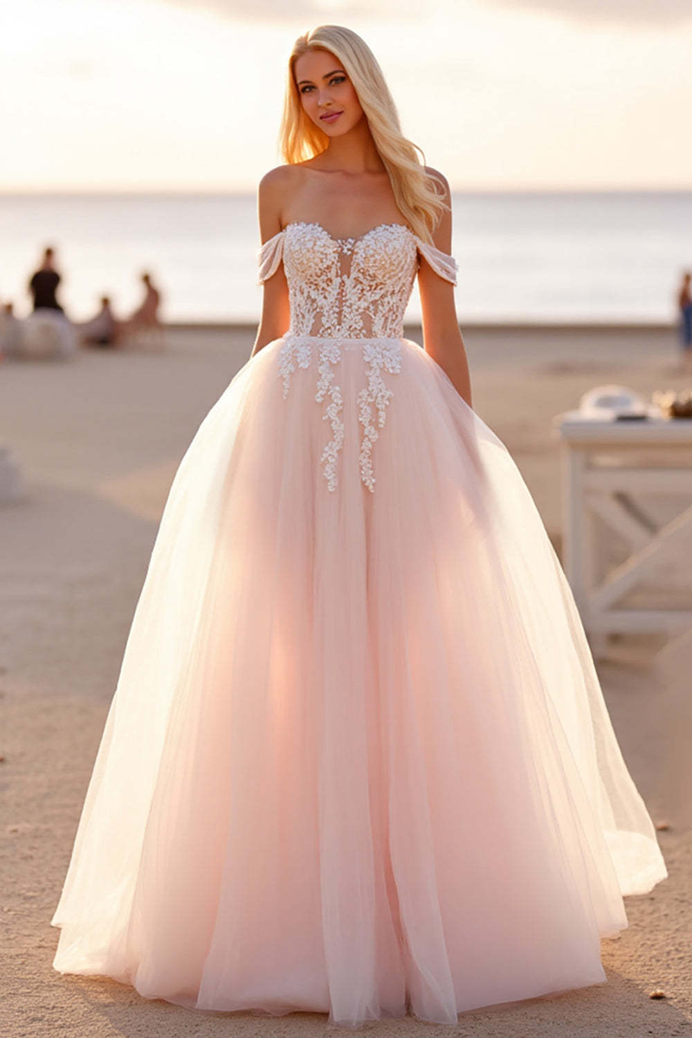 Leely Women Blush Tulle Ball Gown Wedding Dress with Appliques Off the Shoulder Sweep Train Bridal Dress