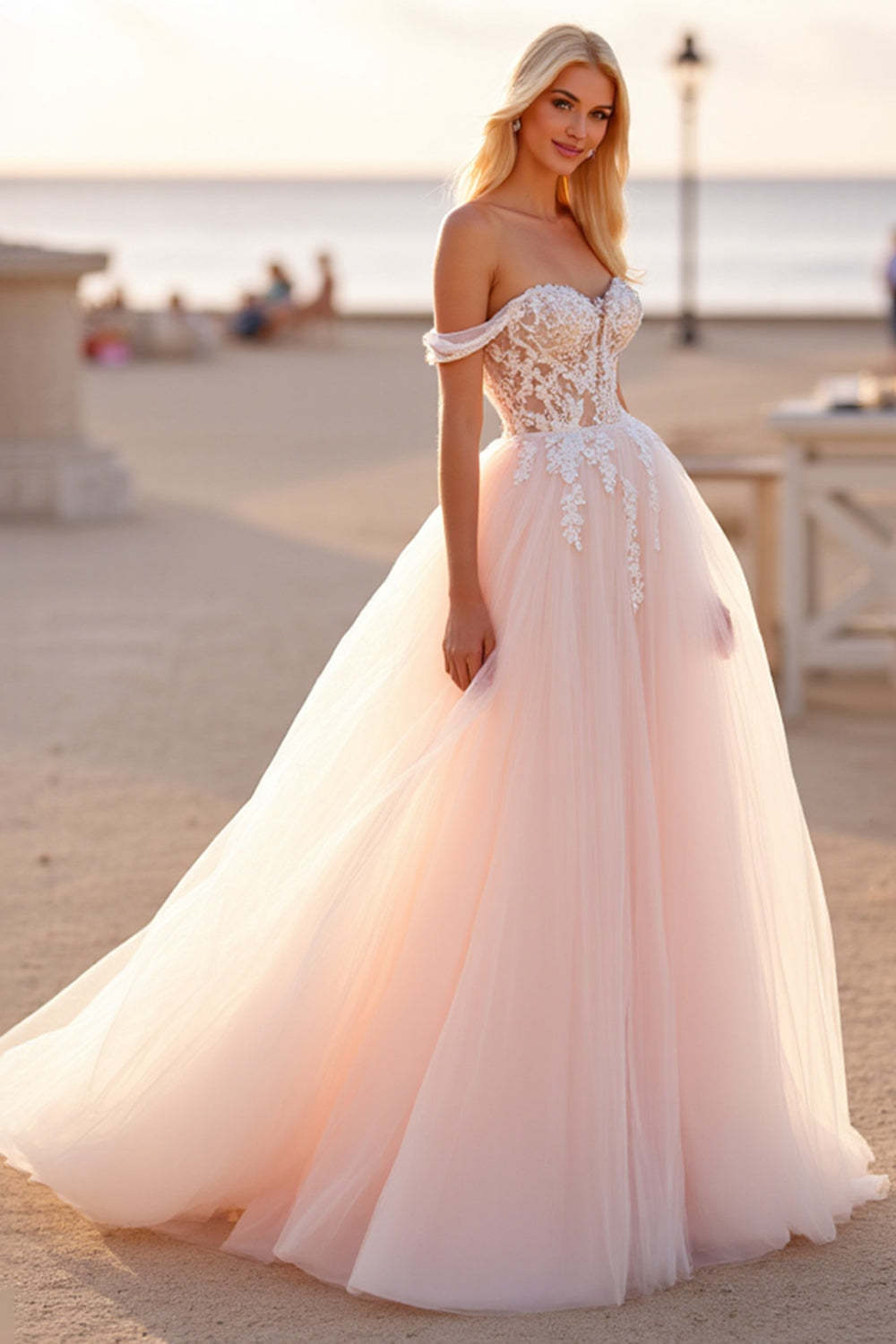 Tulle Off the Shoulder Ball Gown Blush Wedding Dress with Appliques
