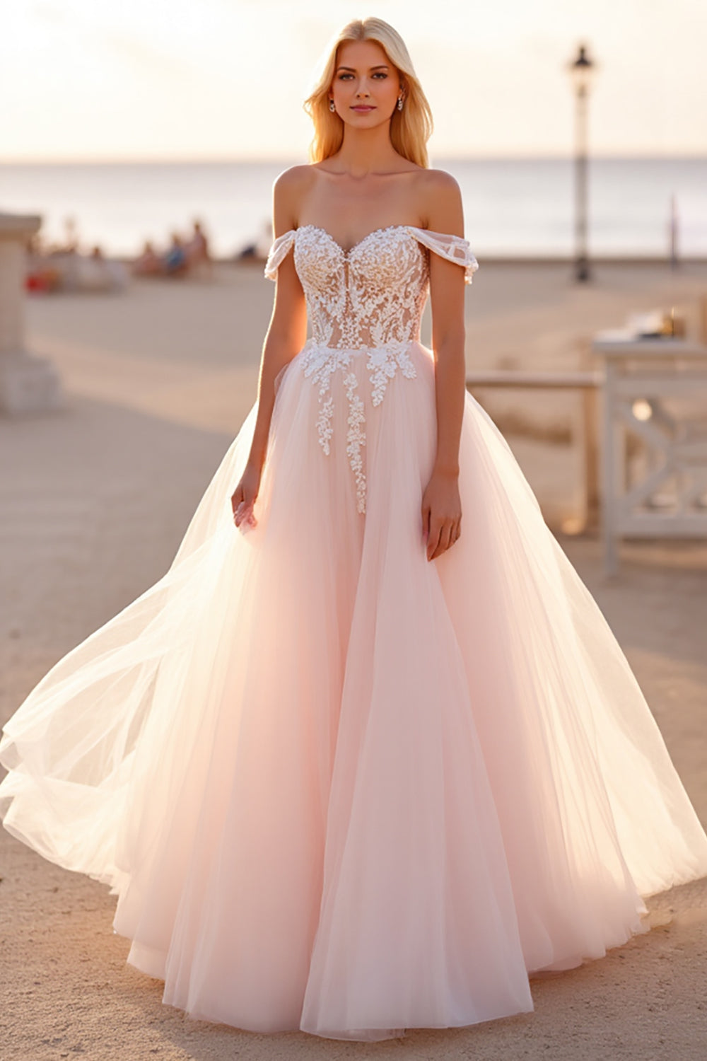 Tulle Off the Shoulder Ball Gown Blush Wedding Dress with Appliques