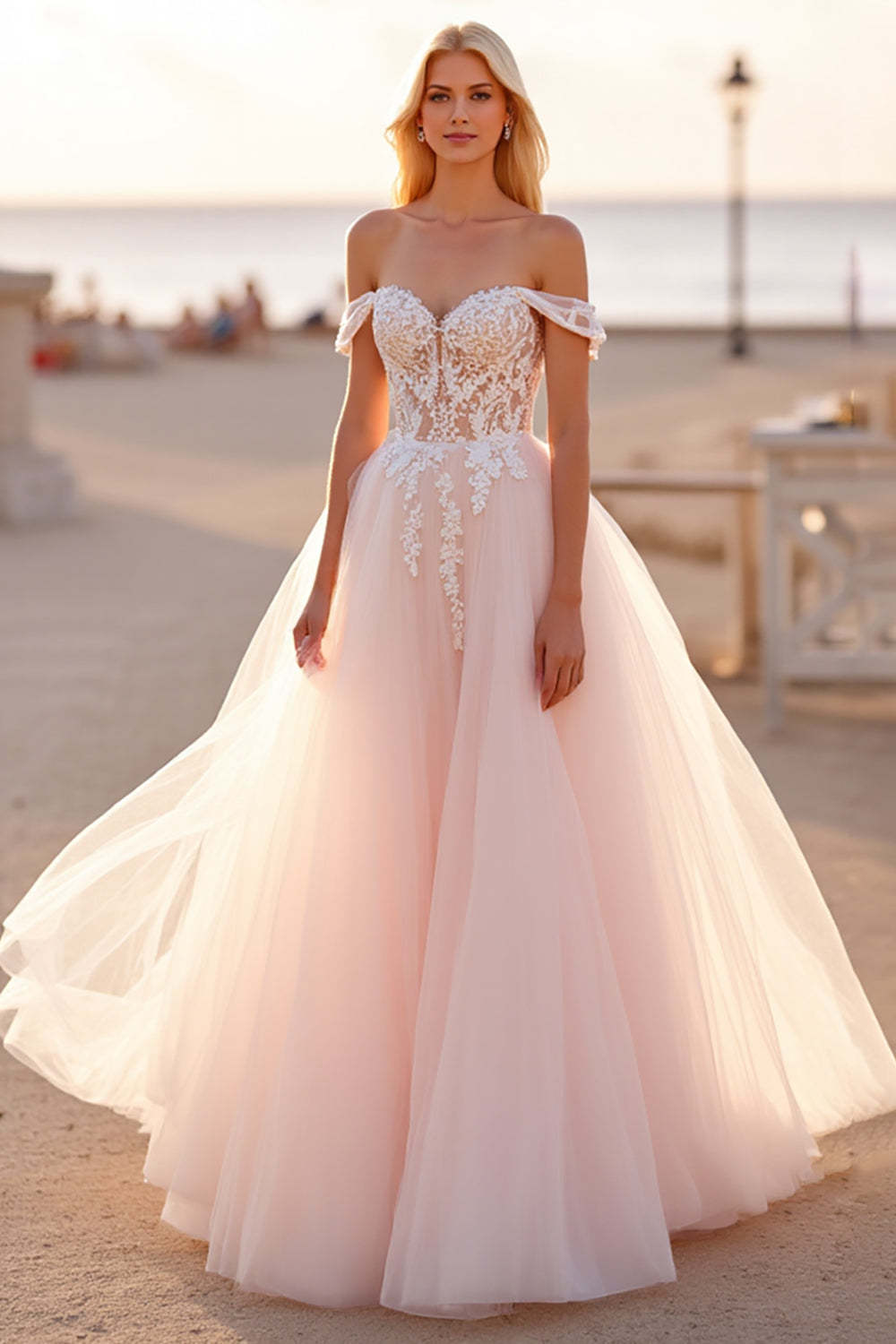 Tulle Off the Shoulder Ball Gown Blush Wedding Dress with Appliques